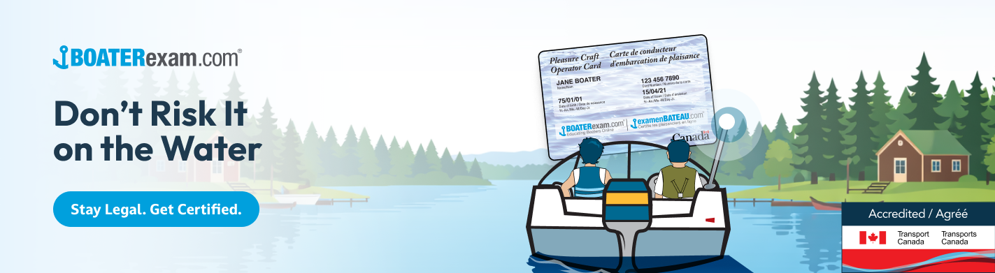 Illustrated CTA for Canadian boater safety courses with the text "don't risk it on the water."