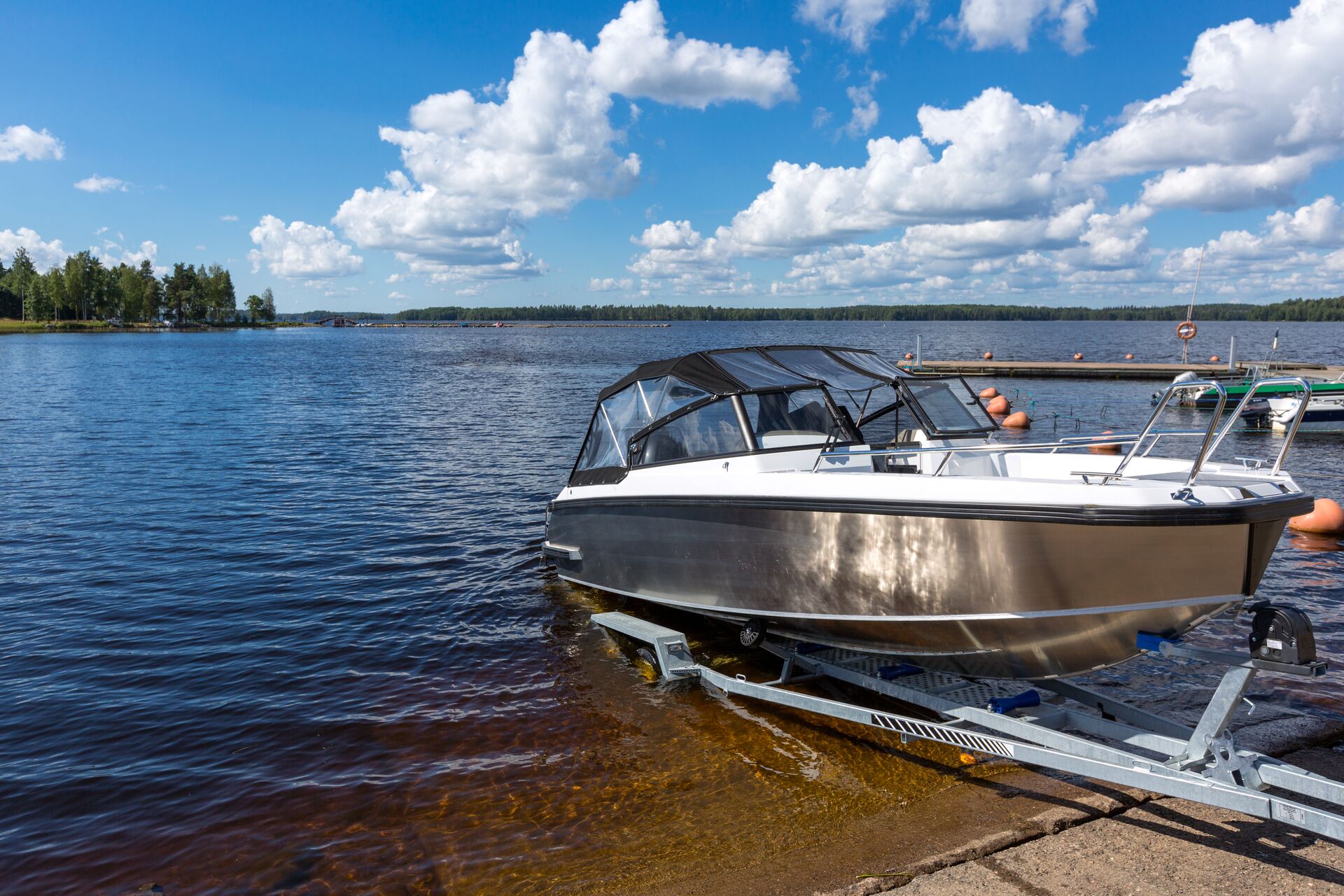 Boat on a trailer at the boat ramp, Everglades City boat ramp concept.