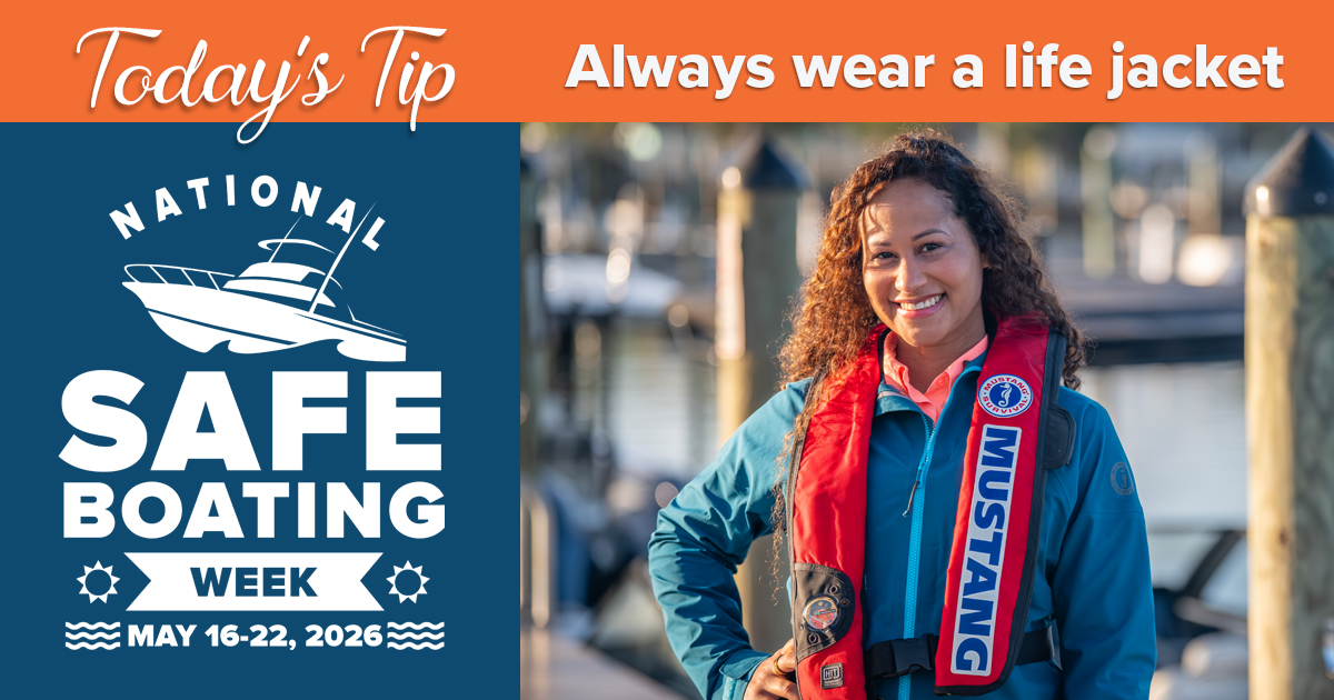 Graphic for National Safe Boating Week, wear a life jacket concept.. 