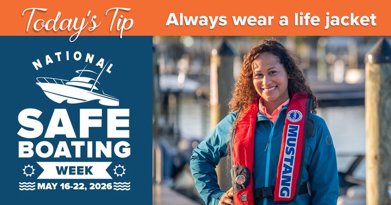 Graphic for National Safe Boating Week, wear a life jacket concept.. 