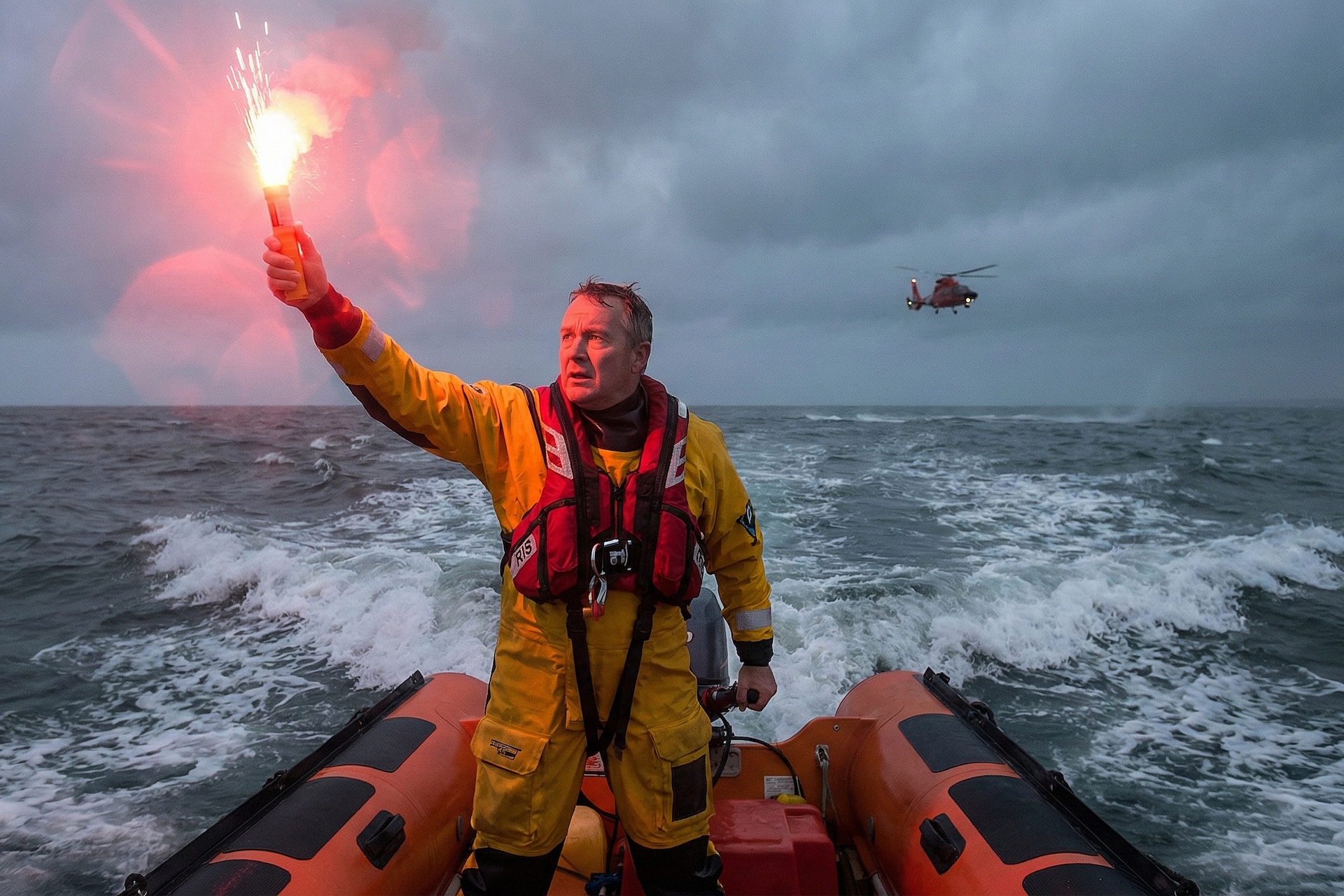 Man in life boat holding lighted flare, how to survive a sinking ship concept. 