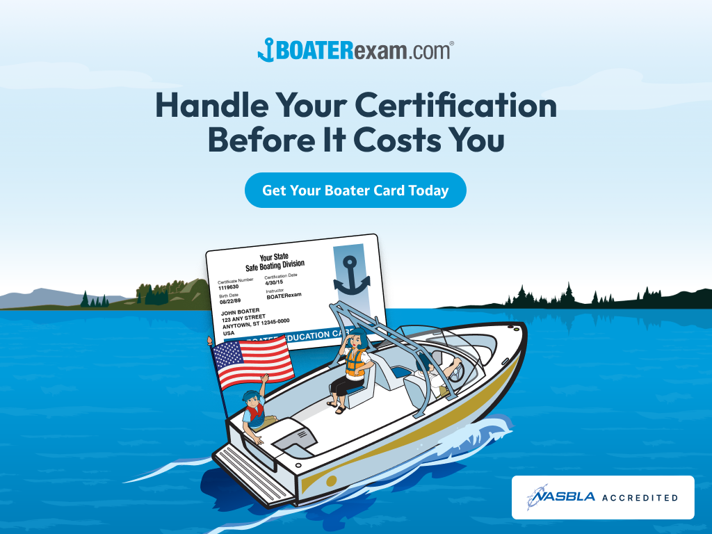 Illustrated CTA with text handle your certification before it costs you, learn boating drinking laws concept. 