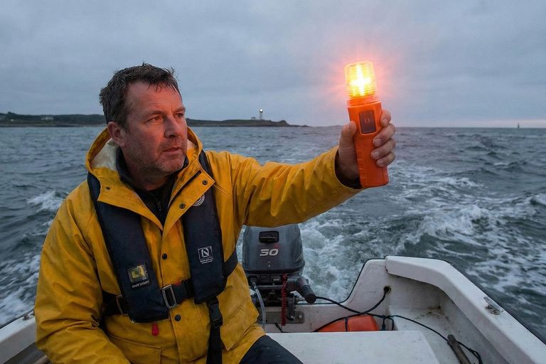 Man holds electronic flare on boat in water, have a boat flare kit concept.