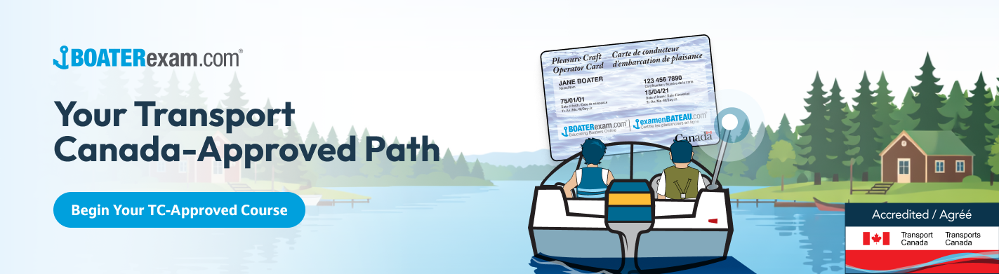 Graphic as CTA with text your Transport Canada-approved path, Canadian boating license test concept.