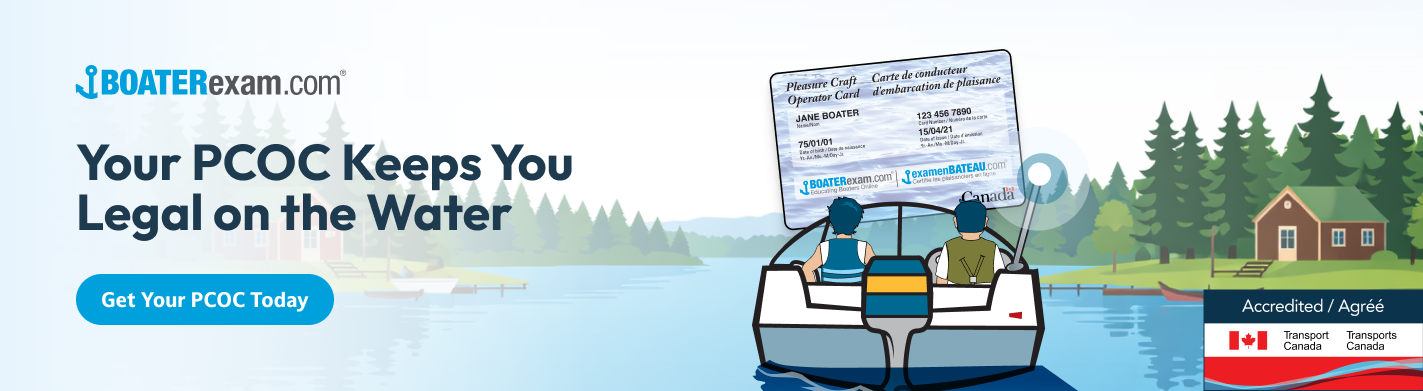 Illustrated graphic as CTA with text your PCOC keeps you legal on the water, jet ski boating license New Brunswick concept.