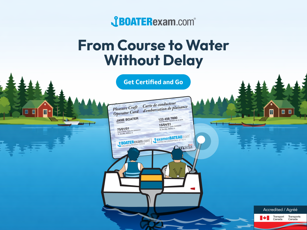 Banner CTA with text from course to water without delay, Ontario boater exam concept.