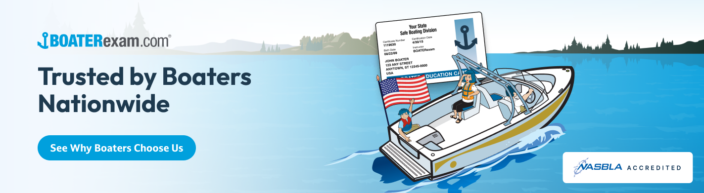 Banner CTA with text trusted by boaters nationwide, how to drive a boat in rough water concept.