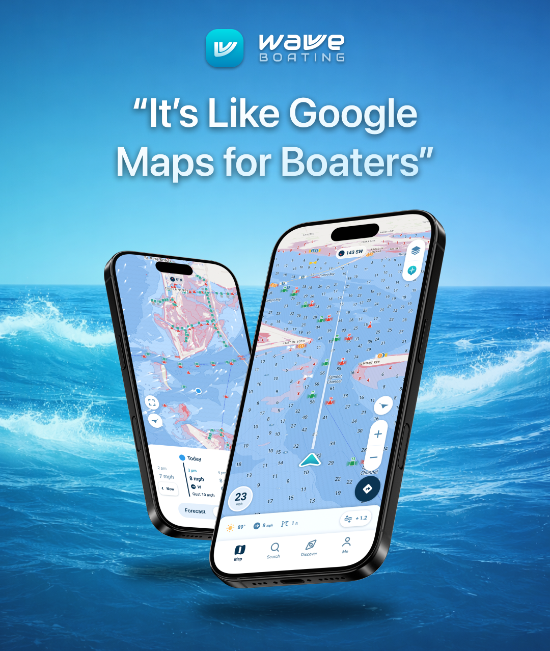 Wavve Graphic with text it's like Google maps for boaters, how to drive a boat in rough water concept. 