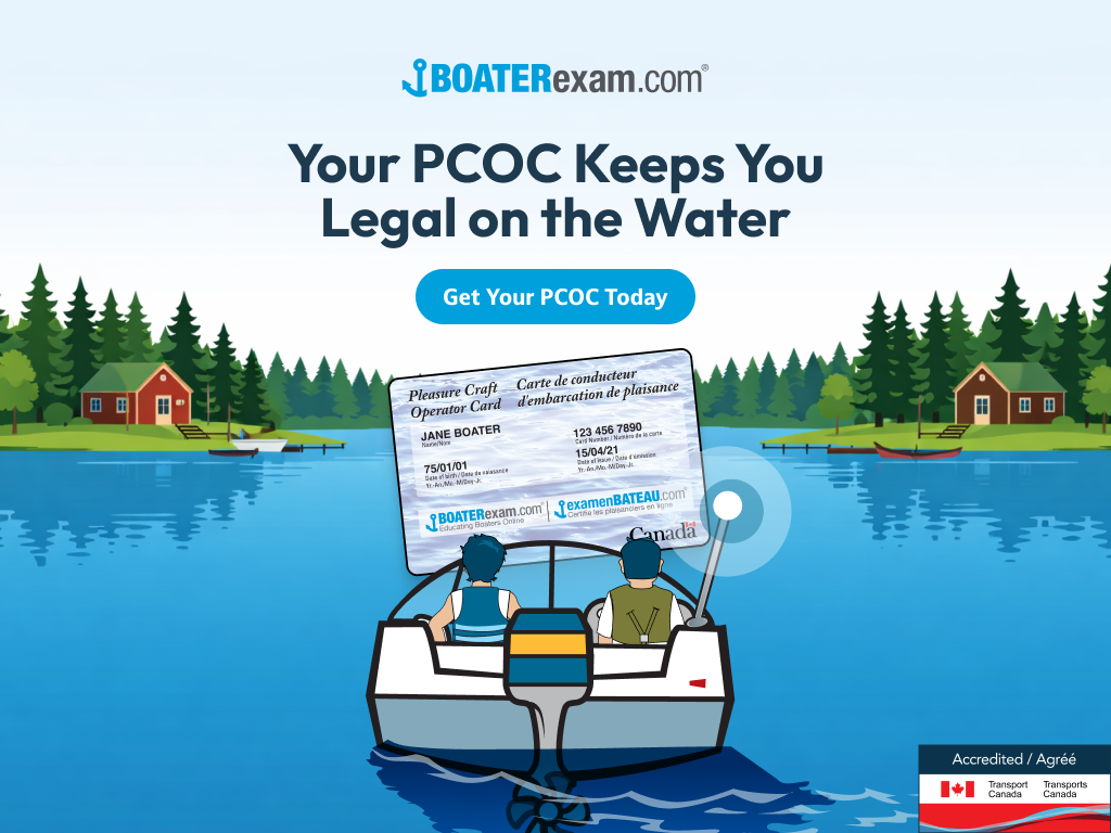 Banner CTA with text your PCOC keeps you legal on the water, do Americans need a boating license in Canada concept.