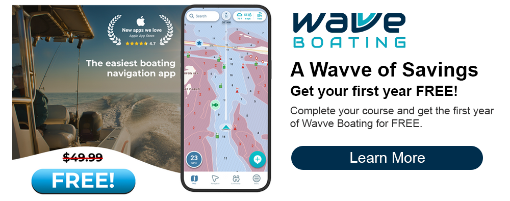 Graphic, Wavve boating savings when completing a BOATERexam course. 