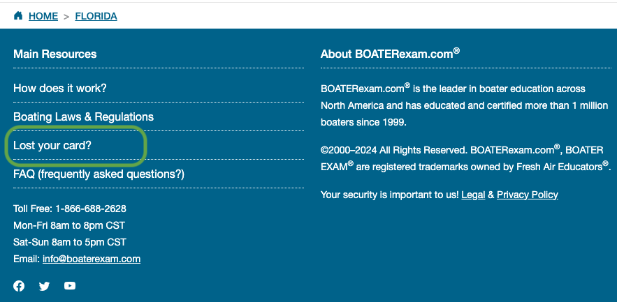 A screenshot of the Lost Your Card link on the BOATERexam website. 