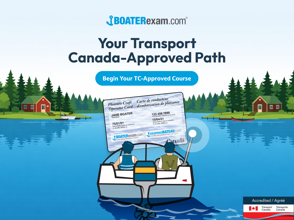 Square illustrated CTA with text your Transport Canada approved path, understand canoe vs boat life jackets. 