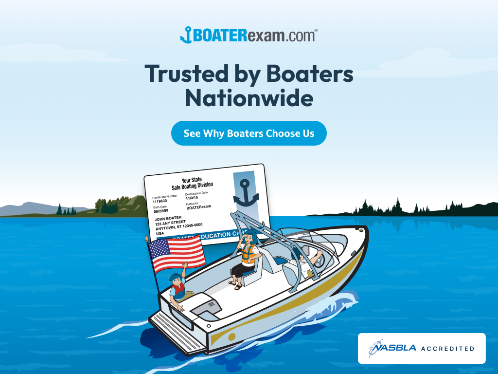 Square illustrated CTA with text trusted by boaters nationwide, learn about canoe vs boat life jackets concept. 