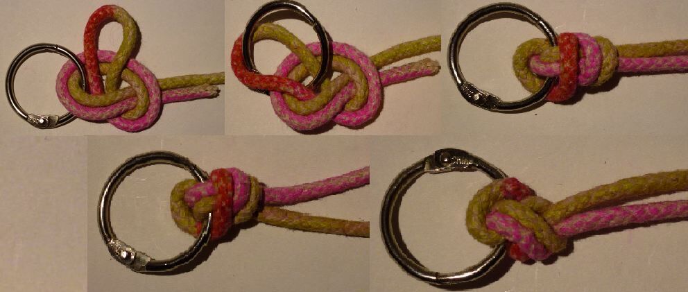 A sequence showing tying a palomar knot.